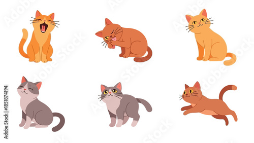 Collection of playful and cute cartoon cat illustrations with different expressions and poses, perfect for pet-themed designs