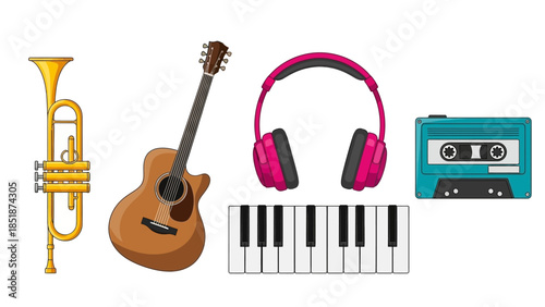 A vibrant collection of musical instruments and audio accessories including a trumpet, guitar, piano keyboard, headphones, and a cassette tape