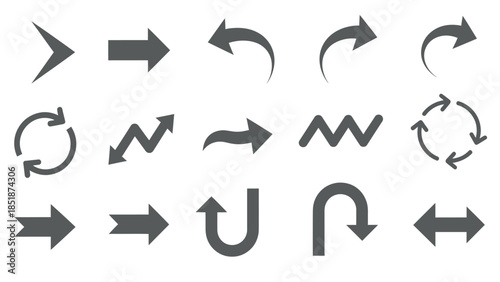 Collection of Gray Arrows in Various Styles and Directions on a White Background