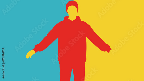 Abstract figure in red hoodie against vibrant cyan and yellow background