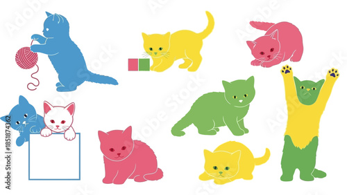 Collection of playful cartoon kittens in various bright colors, some interacting with toys, perfect for whimsical designs