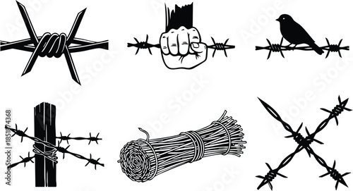 Line art close up barbed wire icon set fist gripping wire crow perched on strand post wrapped bundle and crossed wires bold black graphic vector illustration