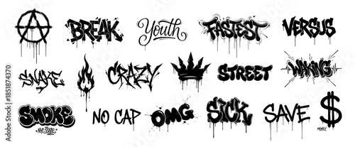 Set of black graffiti style words and symbols