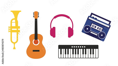 Collection of musical instruments and audio equipment, representing various forms of music creation and listening enjoyment