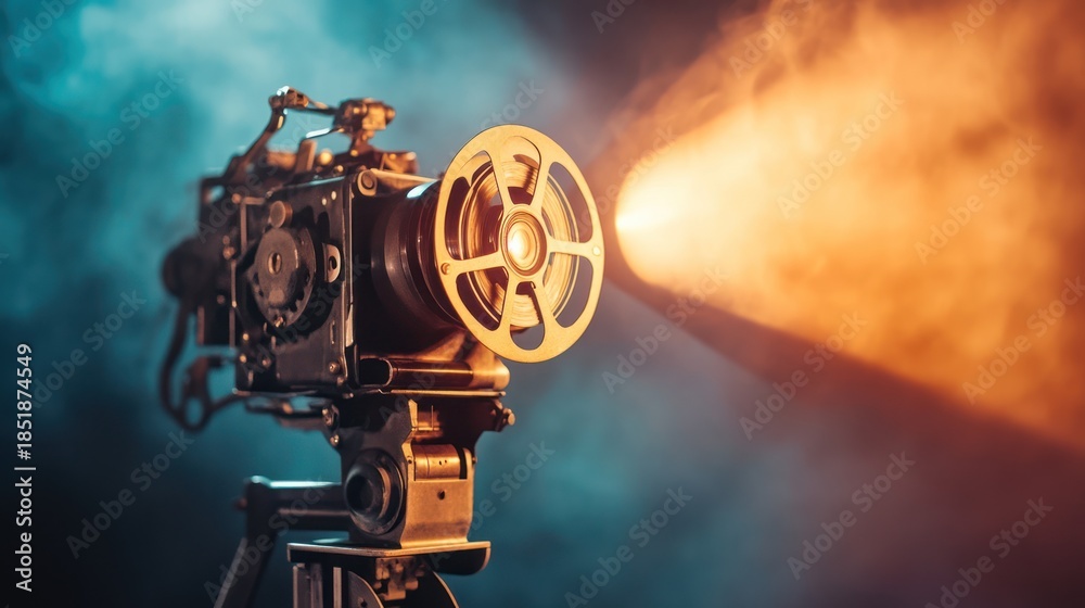 Obraz premium Vintage movie projector beam, smoky background, film nostalgia, movie making