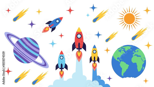 Colorful cartoon illustration of rockets, planets, and stars, depicting a cosmic adventure and space exploration