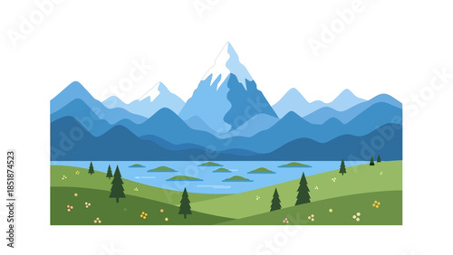 Serene Mountain Landscape with a Calm Lake and Rolling Green Hills