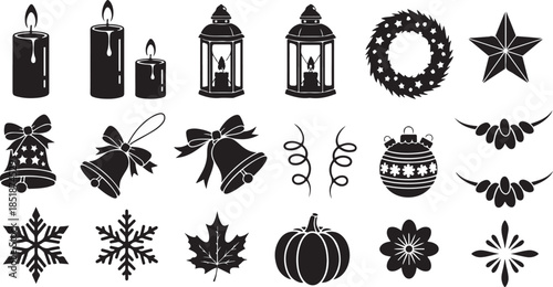 Seasonal and holiday silhouette icons set