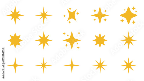 Set of bright yellow starburst and sparkle icons on a white background, symbolizing brilliance and celebration