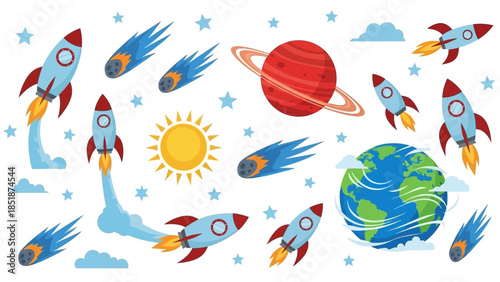 Whimsical Space Adventure Rockets, Planets, and Celestial Wonders