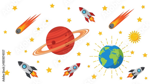 Cosmic journey through the universe, featuring planets, rockets, stars, and meteors in a vibrant illustration