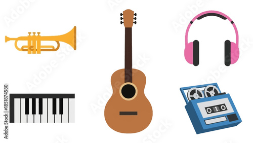 Collection of musical instruments and audio equipment including a trumpet, piano keyboard, guitar, headphones, and tape recorder