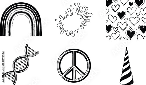 Hand drawn vector close up six black ink icons rainbow wreath hearts dna peace cone party hat arranged on white background with textured sketchy line art