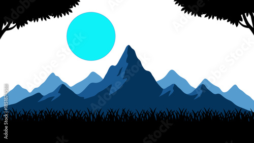 Serene Mountain Landscape Under a Bright Cyan Sun with Silhouetted Trees and Grass