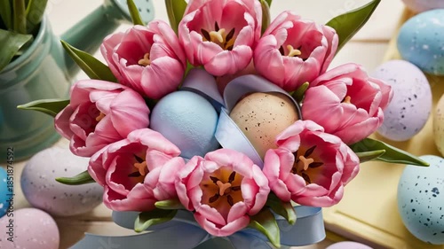 Spring Easter composition featuring pink tulips and many speckled colour eggs on a light wooden background.