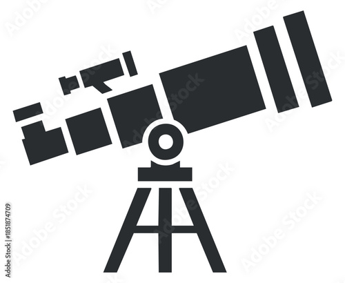 A telescope with a tripod stand in black and white minimalist vector style, ideal for educational and astronomical themes