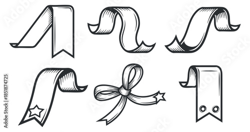 A collection of decorative ribbons and bows in hand-drawn outline style, perfect for crafting and celebration designs