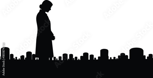 Silhouette vector side profile woman standing above city skyline looking down contemplative pose high contrast minimalist urban scene hair bun long coat isolated poster dramatic scale