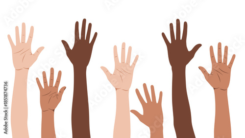 Diverse hands of different skin tones raised in unity and solidarity, representing community and participation