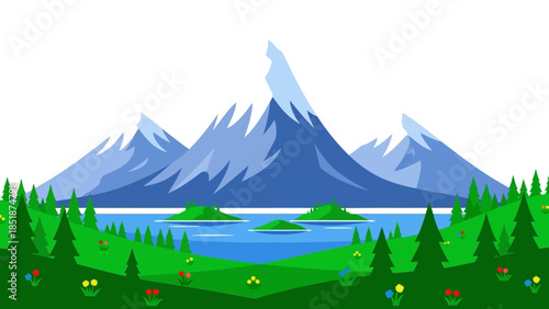 Majestic mountain range with a serene lake and vibrant green landscape under a clear blue sky