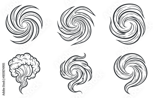 A collection of swirling smoke and vortex designs in black and white line art vector style, ideal for graphic design and creative projects