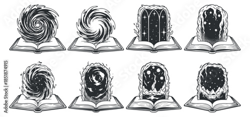 A collection of magical portals and swirls emerging from an open book in black and white illustrative vector style, ideal for fantasy-themed projects