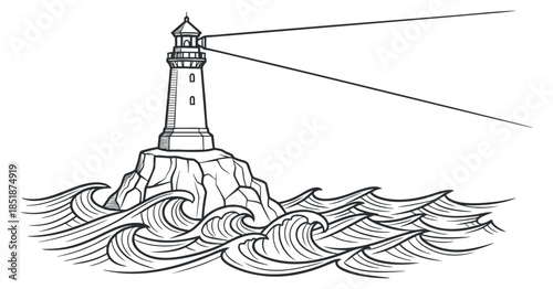 A lighthouse on a rocky cliff with waves crashing around it in black and white outline style, suitable for nautical themes