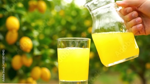 Lemon juice pouring from a glass jug into a clear glass with lemon orchard in the background
