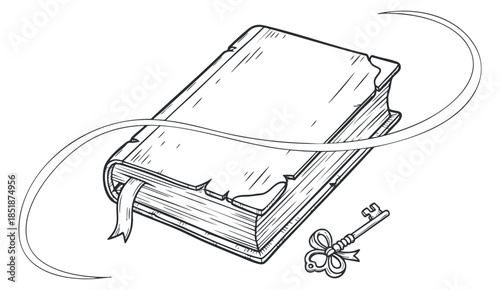 A vintage book with a ribbon bookmark and a key in sketch outline vector style, ideal for literary projects and education themes