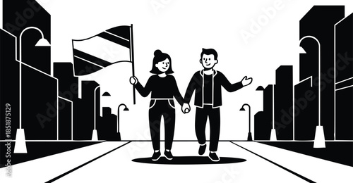 Minimalist silhouette vector close up low angle couple walking hand in hand carrying flag down urban street between tall buildings bold black and white contrast dramatic