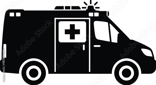 Ambulance Silhouette Vector Illustration on White Background – Minimal Black Emergency Vehicle Design for Medical, Rescue, and Safety Themes

