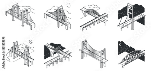 A collection of various bridge designs in minimalist black and white vector style, suitable for architectural projects and urban planning