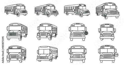 A collection of various bus illustrations in outline vector style, suitable for transportation projects and urban design