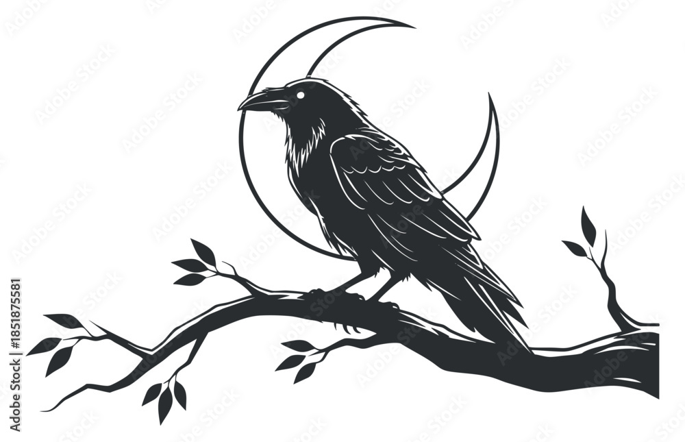 Obraz premium A raven perched on a branch with a crescent moon in black silhouette vector style, perfect for gothic themes and artistic projects