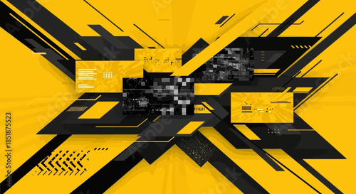 Abstract geometric background with black and yellow shapes.