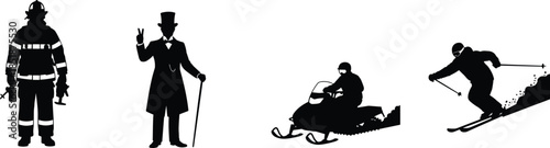 People silhouettes isolated on white background, firefighter gentleman snowmobile rider skier illustration for profession, lifestyle, winter sport, activity concept vector
