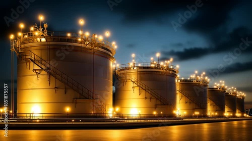 Modern industrial oil storage tanks illuminated at dusk, showcasing energy infrastructure