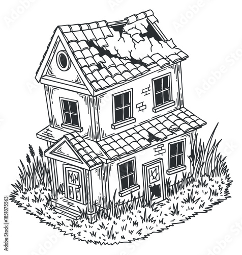 A dilapidated abandoned house with a cracked roof and broken windows in black and white sketch style, ideal for vintage illustration projects