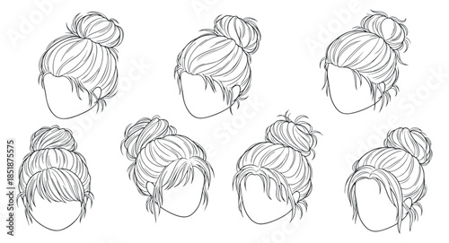 A collection of six different hairstyles featuring elegant buns in black and white line art vector style, ideal for beauty and fashion projects