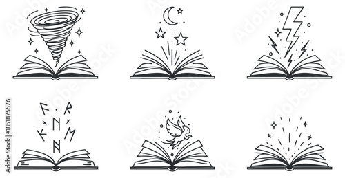 A collection of whimsical open book illustrations featuring a tornado, moon, stars, lightning, and a bird in minimalist black and white vector style, ideal for educational and creative projects