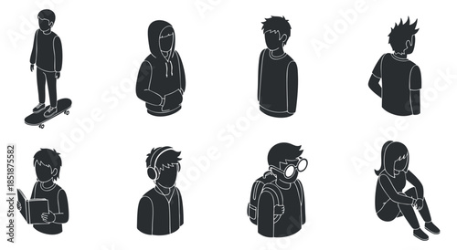 A collection of eight young people in black and white vector style, showcasing diverse casual poses and activities, perfect for youth culture illustrations