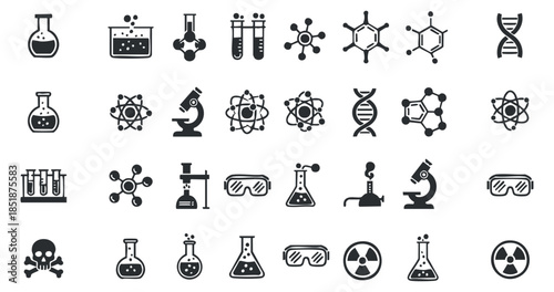 A collection of science and laboratory icons including flasks, test tubes, molecules, and microscopes in black and white vector style, ideal for educational materials and scientific publications