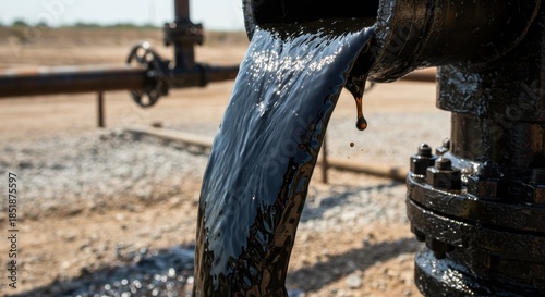 Crude oil gushing from a wellhead pipe in a desert field. Energy industry concept with natural resource extraction. Global fuel supply.