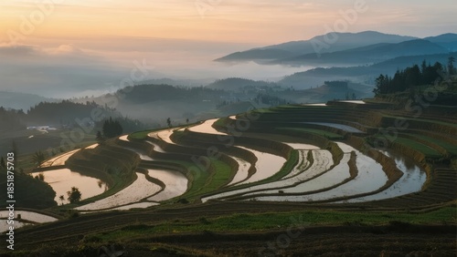 Sunrise over terraced rice fields with misty mountains in the background