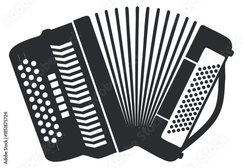 A silhouette of an accordion in black and white vector style, suitable for music-themed designs and illustrations