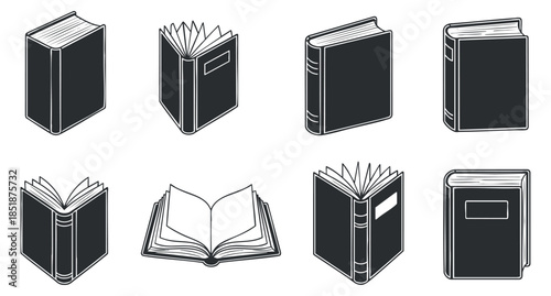 A collection of various book illustrations in black and white minimalist vector style, suitable for educational and library-themed designs
