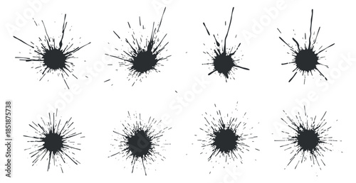 A collection of eight ink splash elements in black vector style, ideal for graphic design and creative projects