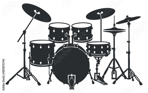 A drum kit with bass drum, snare, toms, and cymbals in black silhouette vector style, ideal for music-themed designs