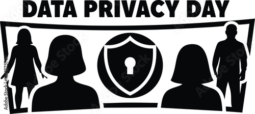 Flat design close up shield and keyhole with data privacy day banner and four human silhouettes looking at camera for awareness campaign bold graphic high contrast
