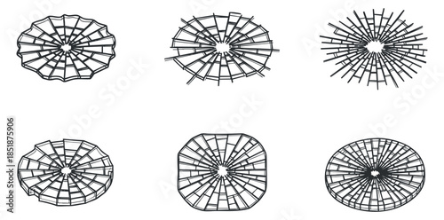 A collection of six abstract geometric circular patterns in black and white minimalist vector style, ideal for creative projects and graphic design
